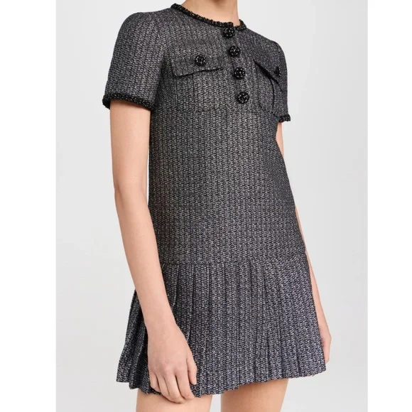 Self Portrait NEW Metallic Boucle Rhinestone Button Pleated Hem Mini Dress US 12 - Picture 1 of 14